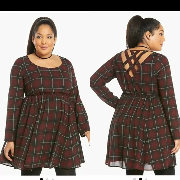torrid Dresses & Skirts - Torrid Womens 2X Red Plaid Crossback Long Sleeve Skater Dress Elastic Waist